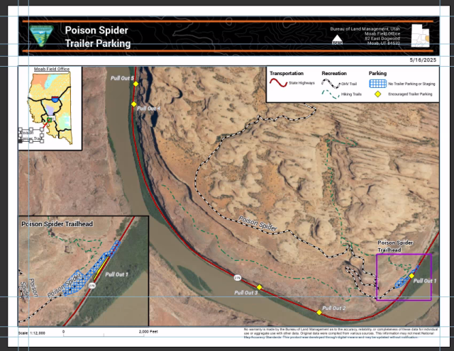 Map of Poison Spider suggested trailer parking along highway 279