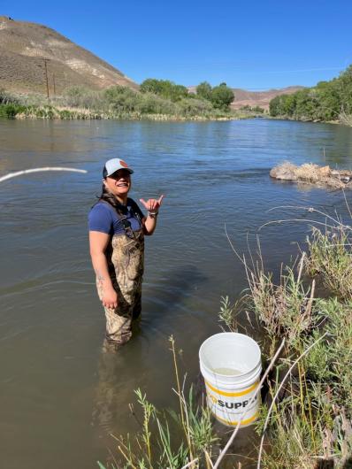 A woman wearing waders and a baseball cap faces the camera and smiles while standing knee deep in the water near the riverbank. In the foreground are plants growing at the water’s edge and a white bucket used to gather crayfish. In the background, on the other side of the river, are green trees and brownish-green hills.  