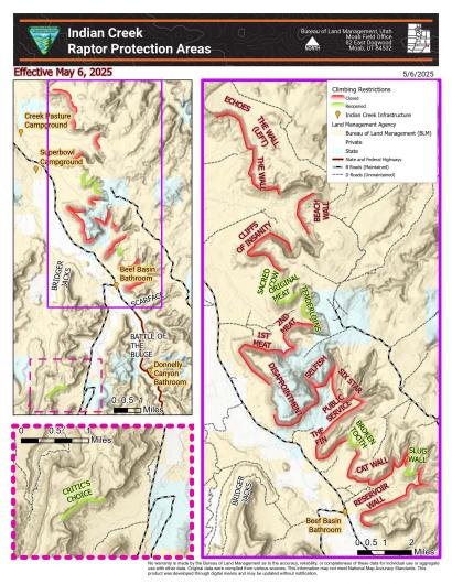 Map of Indian Creek climbing avoidance areas and open areas for summer 2025.