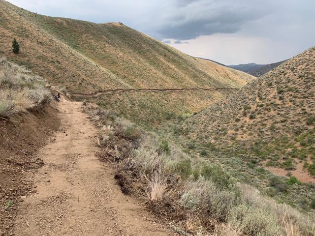 A photo showing a newly constructed dirt trail carved into the side of a native-grass-covered hill, under cloudy skies. The trail curves to the right and goes until it’s out of frame. 