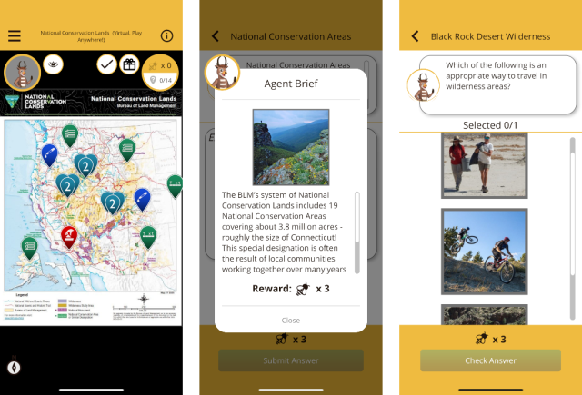 Three side-by-side screenshots of the Agents of Discovery app.