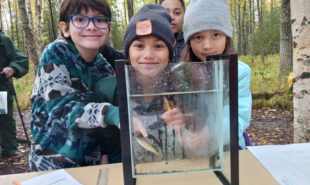 Three students look at a fish through a glass fish viewer