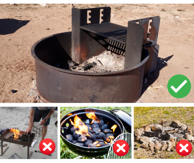 Graphic with photos that explains what type of campfires are allowed in stage one fire restrictions. Campfires are only allowed within designated fire grates in developed campgrounds (fire pans and rock campfire rings are not acceptable). No fires of any type including charcoal outside of developed areas