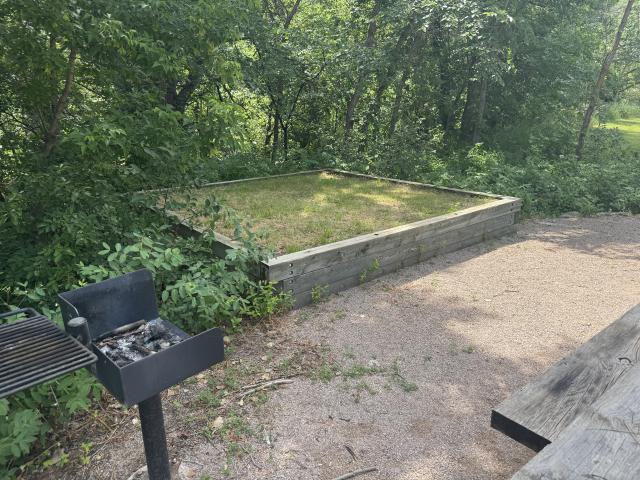A photo showing a raised tent pad with a standing grill nearby. The ground surface is packed gravel. Thick deciduous trees create a visual barrier behind the tent pad. 