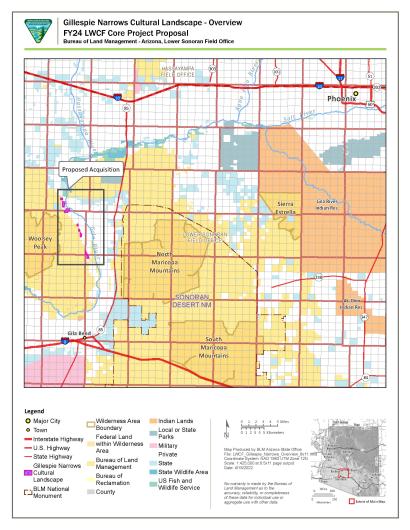 a map showing scattered parcels marked in pink southwest of Phoenix, west of Arizona State Route 85, south of Buckeye and north of Gila Bend. The map is titled Gillespie Narrows Cultural Landscape - Overview