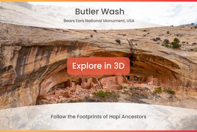 Ancient cliff dwellings nestled under a large rock overhang at Butler Wash in Bears Ears National Monument
