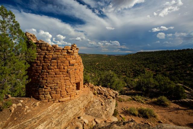 Stone ruins perched on a rocky outcrop overlooking a vast green forest under a partly cloudy blue sky.