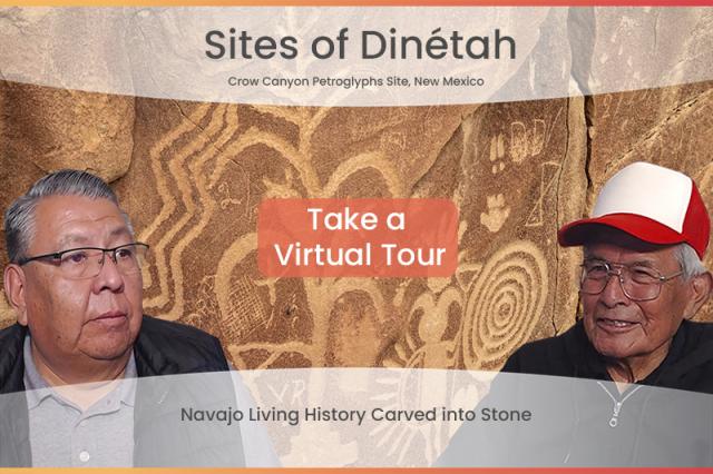 Rock wall at Crow Canyon Petroglyphs Site in New Mexico featuring intricate Navajo petroglyphs with a call to take a virtual tour of Dinétah sites.