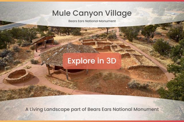 Aerial view of Mule Canyon Village ruins with stone foundations and wooden shelters in Bears Ears National Monument.