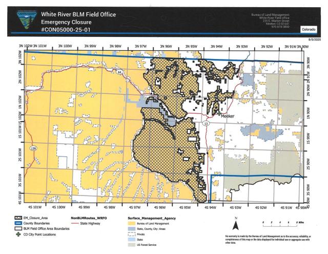 a graphic of a map showing where in the BLM White River Field Office is under emergency closure due to a fire