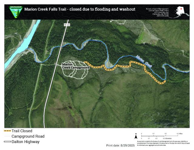 Map with satellite imagery of the Marion Creek Campground and the closed Marion Creek Falls Trail.