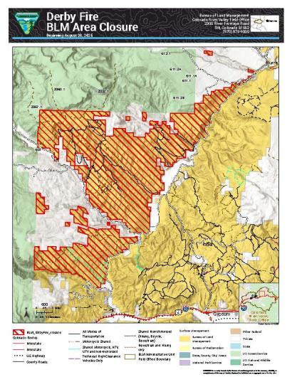 Map of land closure near Derby Fire in Garfield and Eagle counties