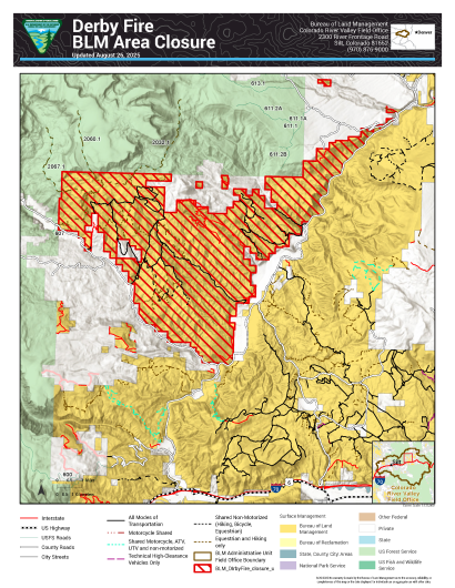 Map of modified public land closure for Derby Fire Aug. 26, 2025