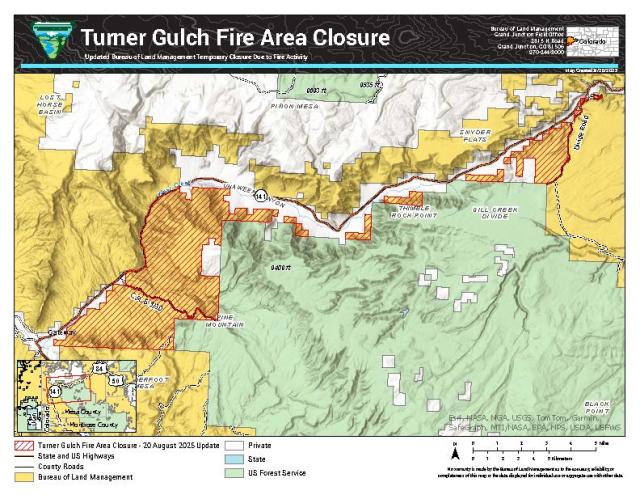 Map of modified public land closure for Wright Draw and Turner Gulch Fires