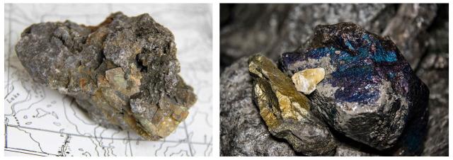 Two mineral specimens on a geological map background; one shows metallic luster and colorful iridescence, the other has a rough texture.