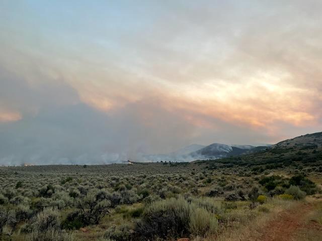smoky haze fills the sky from distant fires burning in a sagebrush-covered field