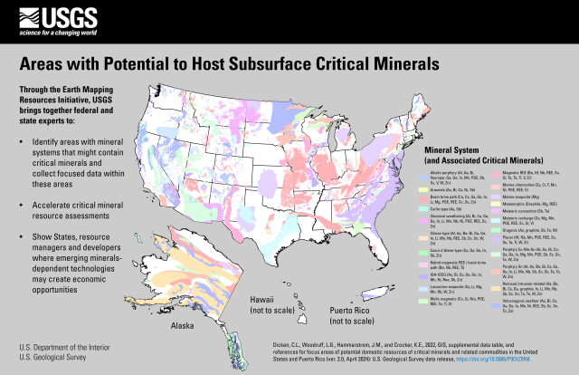 A color-coded map of the United States showing the locations of important mineral deposits.