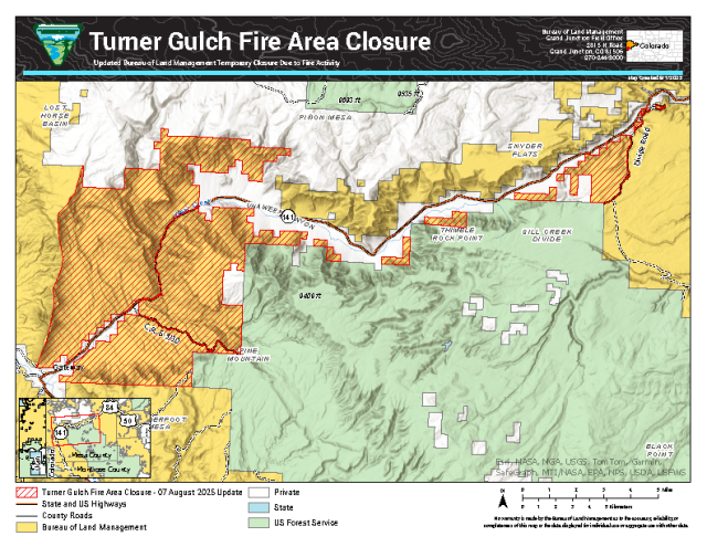 Map of public land closure near Gateway, Colorado, because of fire activity