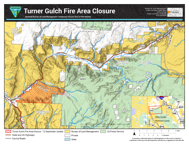 Map of BLM-managed public lands near Gateway, Colorado, that remain closed while crews continue repair work after Turner Gulch Fire.
