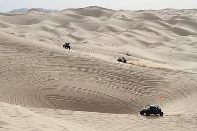 Off highway vehicles scamper over rolling sand dunes.