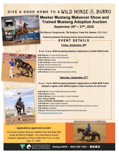 a flyer advertising the Meeker Mustang Makeover at the Rio Blanco Fairgrounds in Meeker, Colo., Sept. 26-27, 2025.