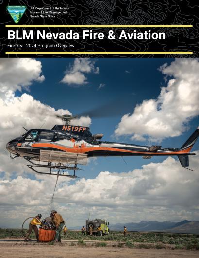 Image of a document with BLM NV Fire header and photo of firefighters below helicopter.
