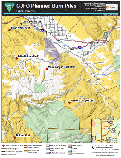 Map of locations of planned slash pile burns scheduled in Mesa County now through April 2026