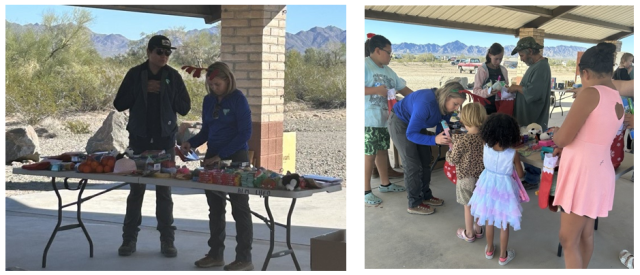 Two photos side by side the first a picture of two BLM employees set up the table for stocking stuffers.