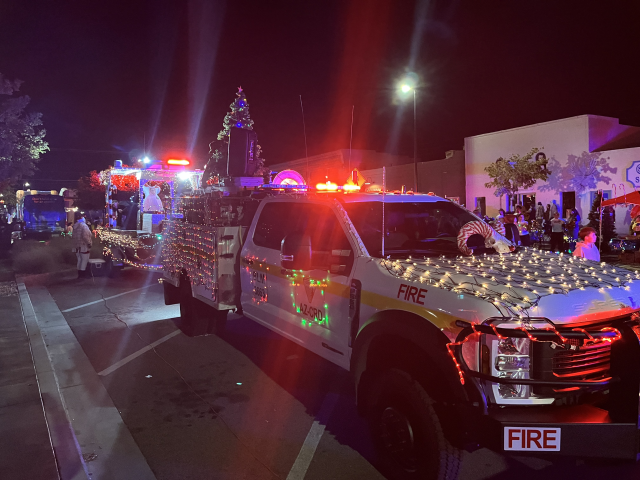 Colorado River District fire vehicle with Christmas lights on it