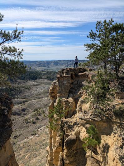 Person standing on a rocky cliff edge overlooking a vast, rugged landscape with sparse trees under a partly cloudy sky.