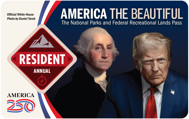 Front side of the 2026 America the Beautiful Pass for Residents featuring presidents George Washington and Donald Trump