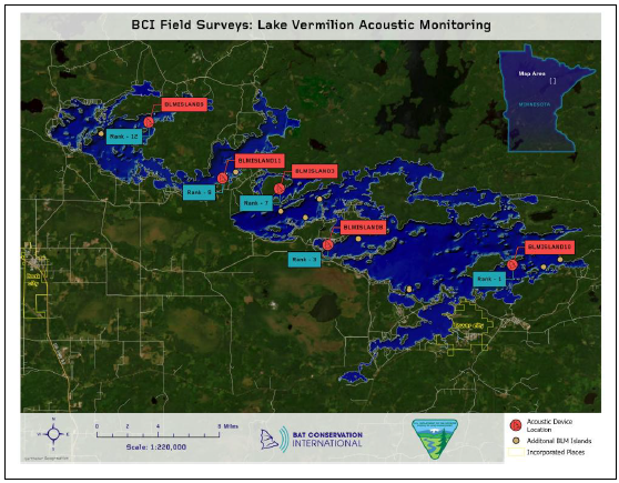 Map of Lake Vermilion showing BCI survey areas for acoustic monitoring, with marked islands and survey ranks. Includes scale and legend.