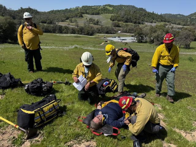 group of people in yellow nomex act out an ems training in a green field.