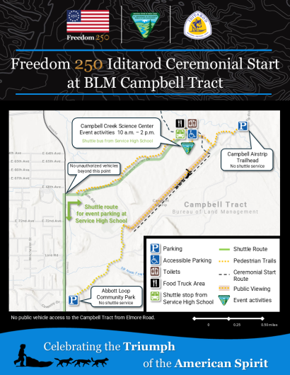 This is an overhead map of campbell tract showing the iditarod ceremonial start activities, viewing areas, parking areas and bus route.