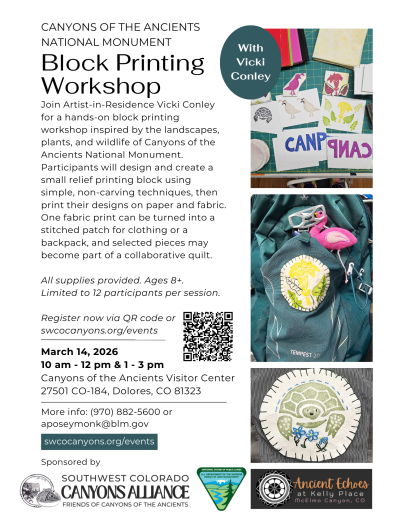 flyer advertising a hands-on block printing workshop March 14 at Canyons of the Ancients visitor center