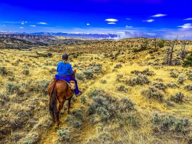 Horseback rider on a trail managed by BLM, with open landscape in the background