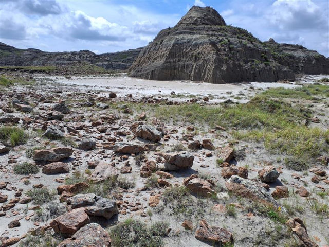 Rock-strewn desert landscape with a large, rounded rocky hill under a partly cloudy sky.
