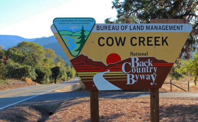 BLM outdoor sign stating Cow Creek National Back Country Byway