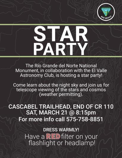 A screenshot of flyer for a Star Party at the The Río Grande del Norte National Monument on March 21.