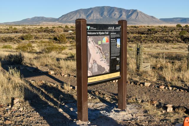 A new sign greets visitors to the new Kipuka Trail at the Valley of Fires Recreation Area near Carrizozo, N.M.