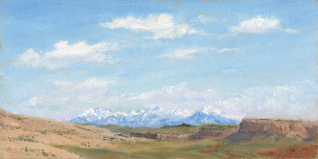Painting, snow on distant mountains behind a wide desert valley with cliffs.