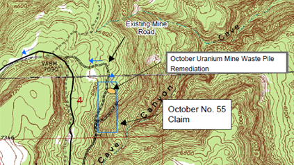 Topographical map of the location and area around the October Uranium Mine near Gateway, Colorado.