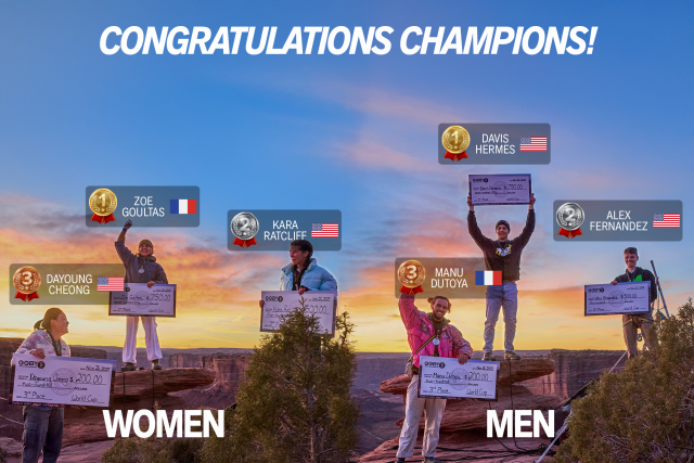 Slacklining male and female winners pose with big checks: Women’s   1st - Zoe Goultas, France    2nd - Kara Ratcliff, USA   3rd - Dayoung Cheong, USA      Men's    1st - Davis Hermes, USA   2nd - Alex Fernandez, USA   3rd - Manu Dutoya, France 