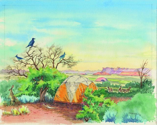 Watercolor of a tent in a desert landscape with wildlife. An entity, ghostly white, is seen in the tent.