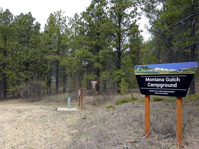  Sign for Montana Gulch Campground at the entrance to a forested campsite with pine trees and a dirt path. 
