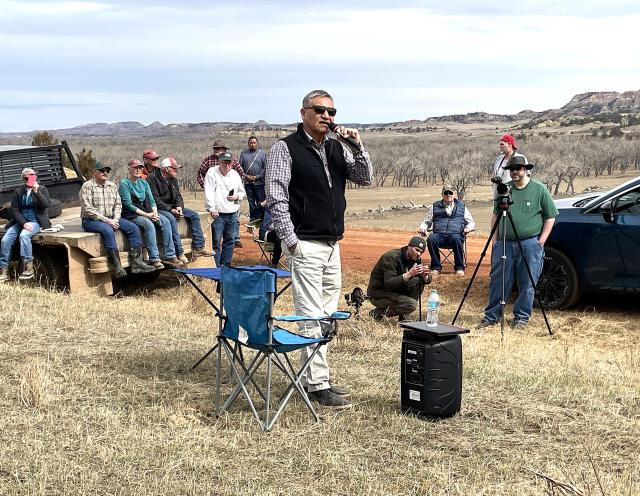 260317-Reynolds (210): Northern Cheyenne Historian Conrad Fisher gives a presentation to event attendees --in both Northern Cheyenne and English. Fisher is a former Tribal Historic Preservation Officer for the Northern Cheyenne Tribe and has worked with the BLM Miles City and Billings Field Offices on several projects dealing with tribal history and culturally-significant areas on BLM lands in southeast Montana.