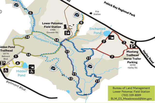 Map of Lower Potomac Field Station trails featuring Hidden Pond and Enchanted Pond, trailheads, parking, and nearby roads.
