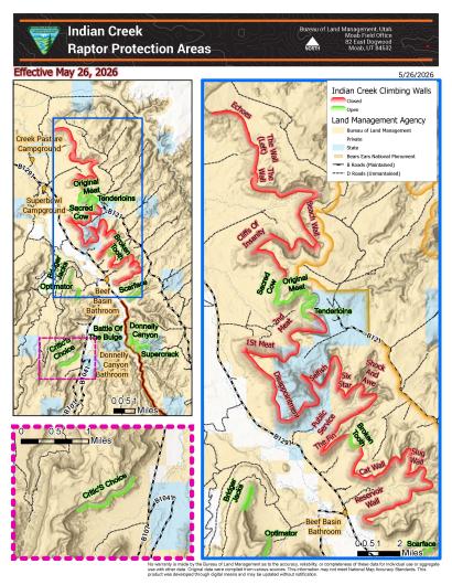 Indian Creek map featuring rock walls listed as open or closed for voluntary avoidance