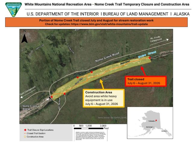 Map of stream restoration area with the location of the closed trail. 