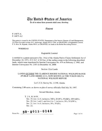 Page one of a multi-page land patent document from 2013
